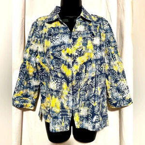 Christopher & Banks Blue/Yellow Zip Up Jacket 3/4 Sleeve Stretch Woman's Sz M
